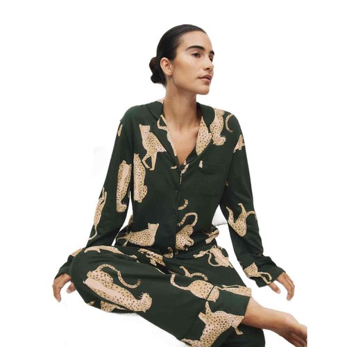 M&S Womens Cotton Modal Printed Revere Pyjama Set, L, Dark Green