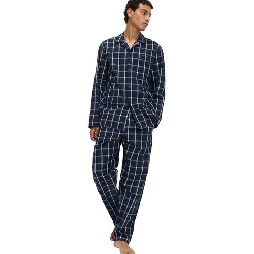 M&S Mens Pure Cotton Checked Pyjama Set M Navy