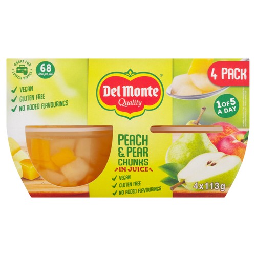 Del Monte Peach & Pear Chunks In Juice Fruit Pot, 4 x 113g Del Monte Peach & Pear Chunks In Juice Fruit Pot, 4 x 113g