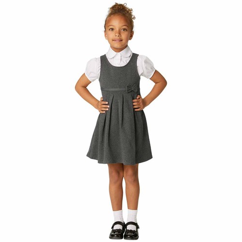 M&S Girls Jersey Bow School Pinafores, 7-8 Years, Grey