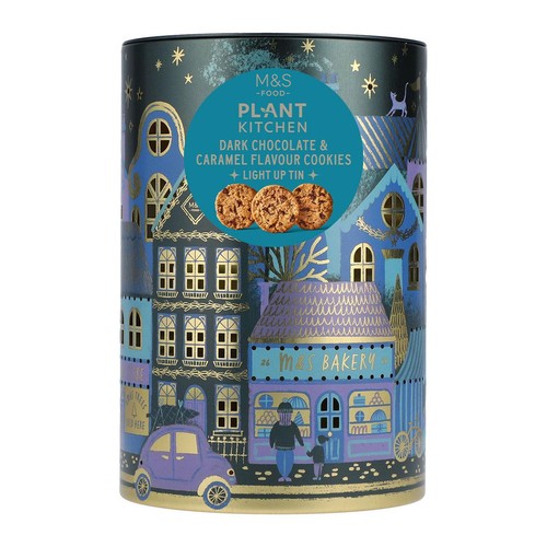 M&S Plant Kitchen Dark Chocolate & Caramel Flavour Cookies Light-Up Tin