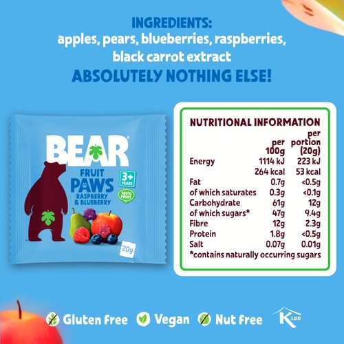 BEAR Raspberry & Blueberry Fruit Paws Kids Snack Multipack