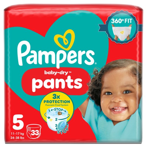 Pampers Baby-Dry Nappy Pants, Size 5 (12-17kg) Essential Pack