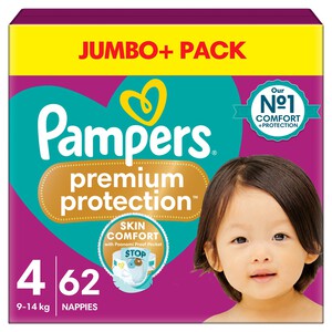Pampers Premium Protection Nappies, Size 4 (9-14kg) Jumbo+ Pack 62 per pack