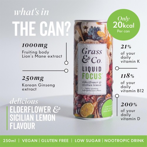 Grass & Co. Liquid FOCUS Lion's Mane Nootropic Drink 
