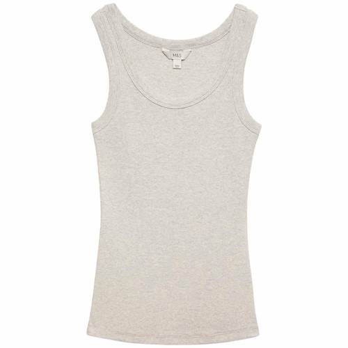 M&S Womens Cotton Rich Ribbed Slim Fit Vest Top, Size 12, Grey