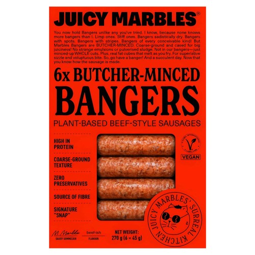 Juicy Marbles Butcher-Minced Bangers, Plant-Based Beef-Style Sausages
