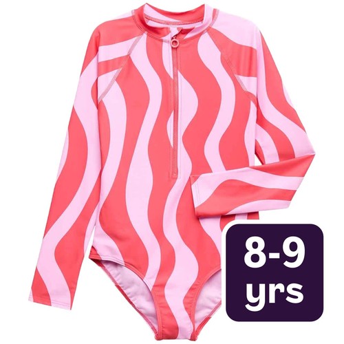 M&S Wave Stripe Long Sleeve Swimsuit, 8-9 Years, Multi