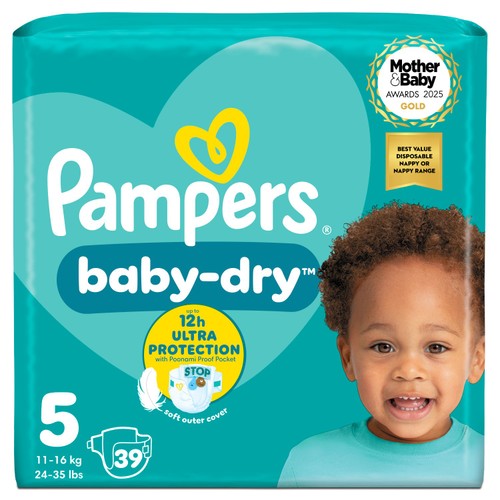 Pampers Baby-Dry Nappies, Size 5 (11-16kg) Essential Pack