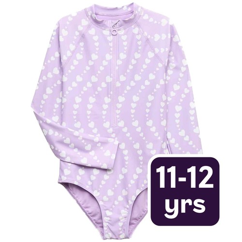 M&S Heart Print Long Sleeve Swimsuit, 11-12 Years, Purple