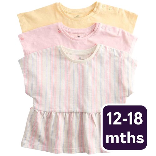 M&S Girls Pure Cotton Patterned Tops, 12-18 Months, Multi