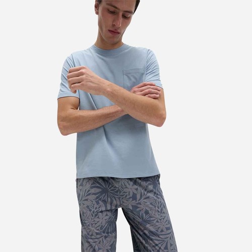 M&S Mens Pure Cotton Palm Print Pyjama Set, M, Light Blue