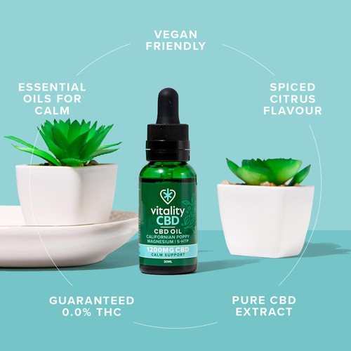 Vitality CBD Calm Support Oil 1200mg,  Dual applicator