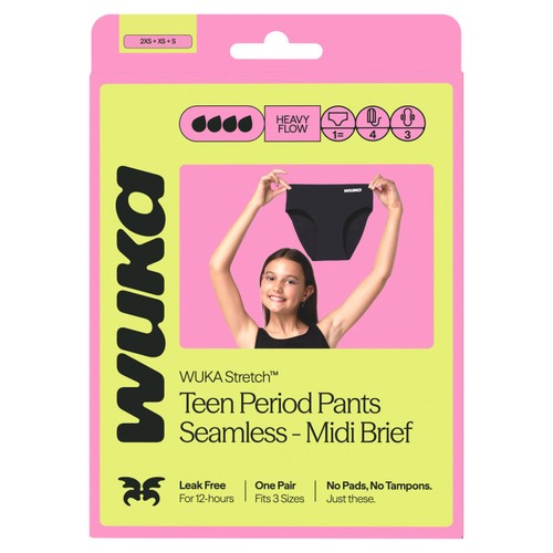 WUKA Teen Stretch Period Pants, Midi Brief, Heavy Flow, Age 8-12