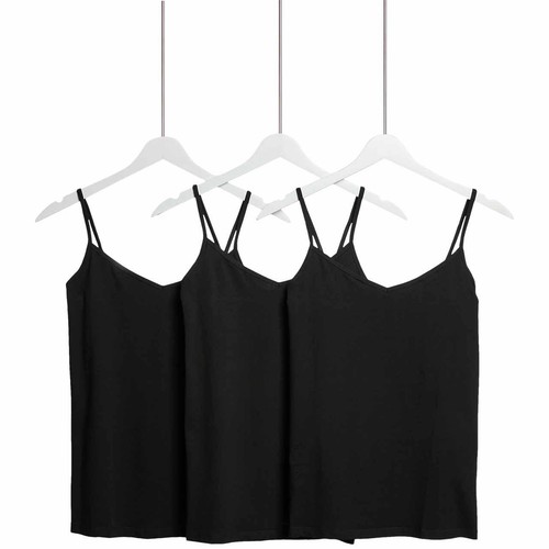 M&S Womens Cotton Rich Strappy Vests, 16, Black