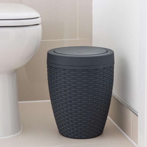 Addis Faux Rattan Swing Lid Bathroom Bin, Charcoal Grey