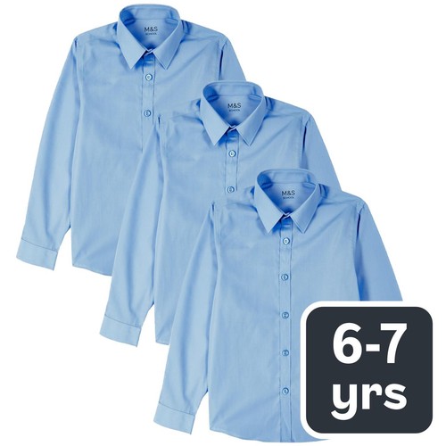 M&S Boys Slim Fit Easy to Iron Shirts, 6-7 Years, Blue