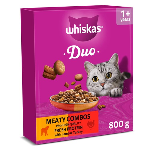 Whiskas 1+ Adult Complete Dry Cat Food Duo Meaty Combo 800g