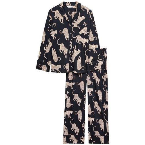 M&S Womens Cotton Printed Revere Pyjama Set, Navy, Medium