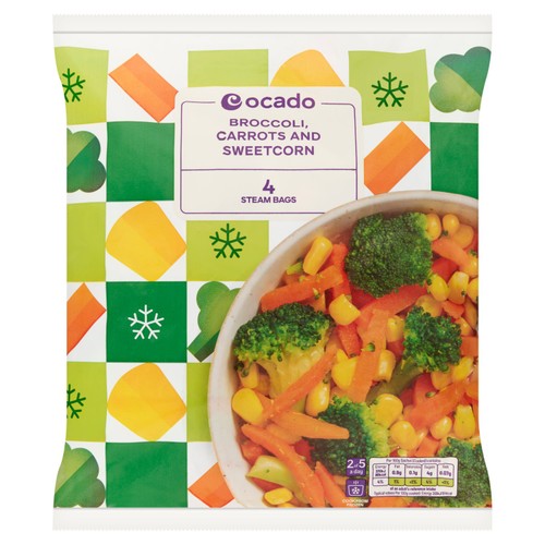 Ocado Frozen 4 Steam Bags Broccoli, Carrots & Sweetcorn