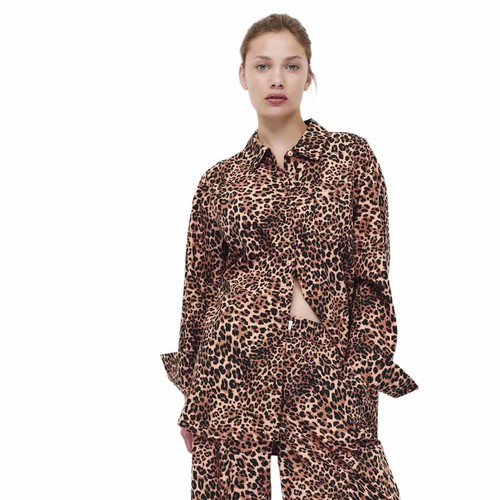 M&S Womens Pure Cotton Animal Print Pyjama Top, 8, Brown