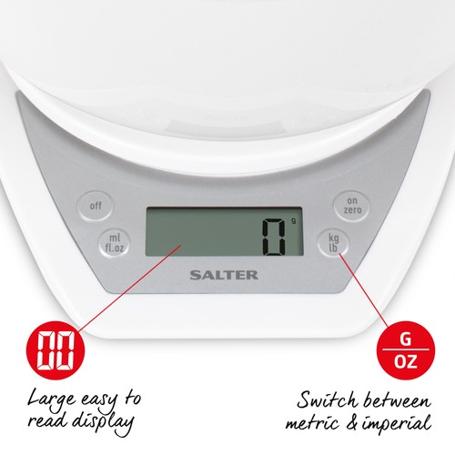 Salter Digital Kitchen Scales with Dual Pour Mixing Bowl, White