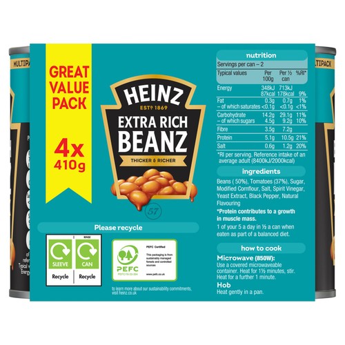 Heinz Extra Rich Beans 410g 4pk 