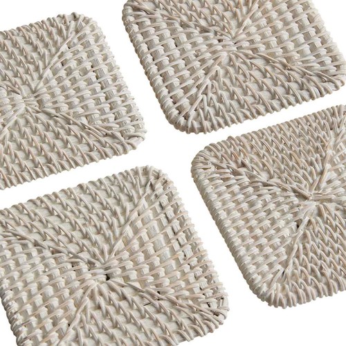 M&S Set of 4 Rattan Washed Coasters with Holder, White