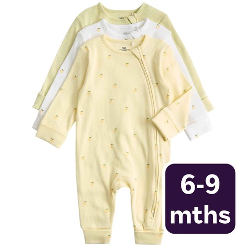 M&S Girls Cotton Rich Lemon Sleepsuits, 6-9 Months, Yellow