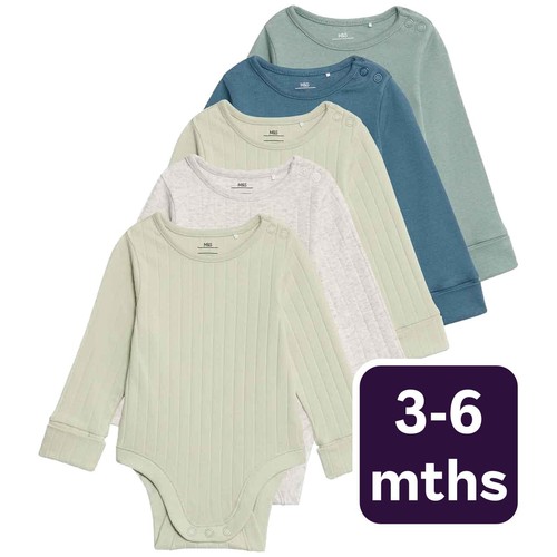 M&S Boys Pack Cotton-Rich Rib Long Sleeve Bodysuits 3-6 Months Green Mix