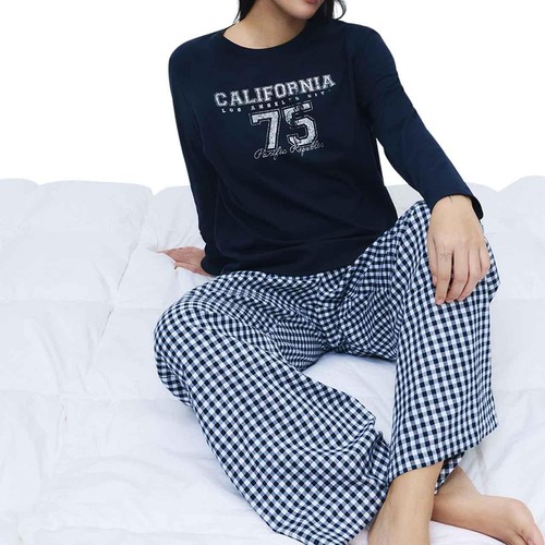 M&S Womens Pure Cotton Printed Long Sleeve Pyjama Set, S, Navy
