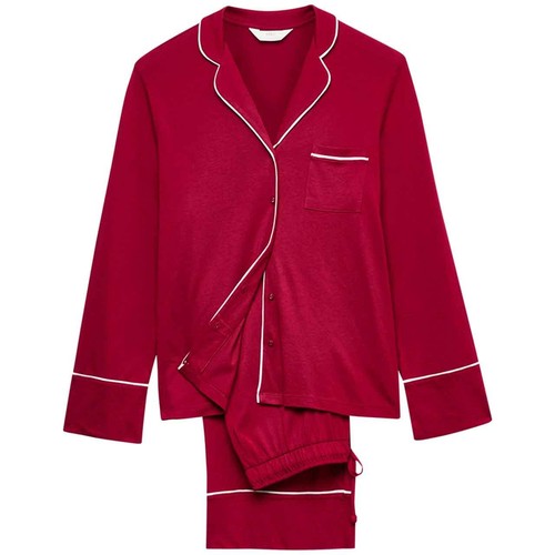M&S Womens Cotton Modal Revere Pyjama Set, L, Red