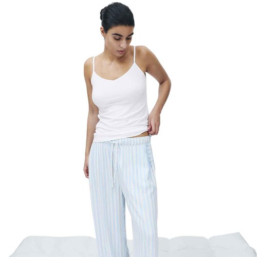M&S Womens Twill Wide Leg Pyjama Bottoms, 10, Blue