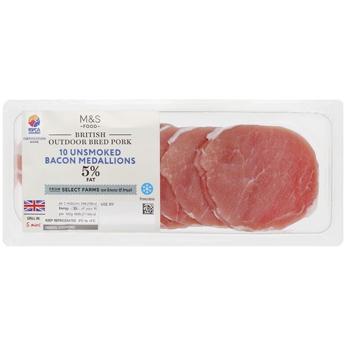 M&S British Outdoor Bred 10 Unsmoked Bacon Medallions Less than 5% Fat