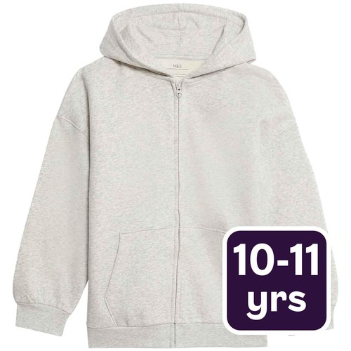 M&S Girls Cotton Rich Zip Hoodie, 10-11 Years, Grey Marl
