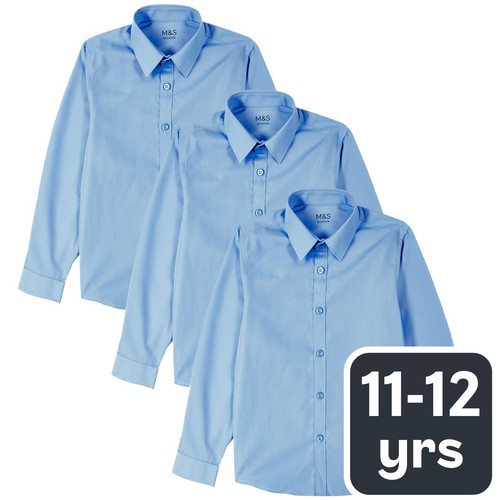 M&S Boys Slim Fit Easy to Iron Shirts, 11-12 Years, Blue