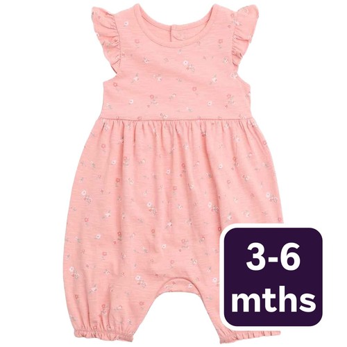 M&S Cotton Floral Romper, 3-6 Months, Pink