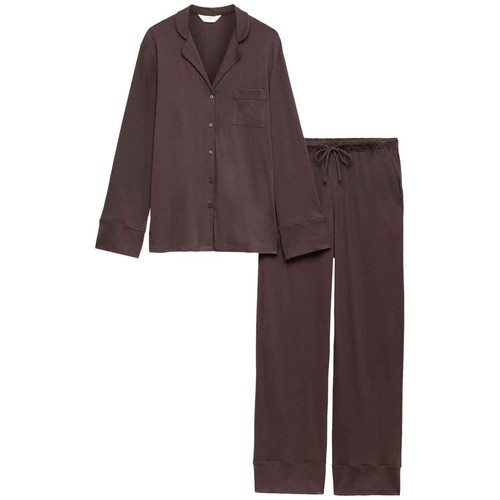 M&S Womens M&S Cotton Modal Revere Pyjama Set, Dark Brown, Small