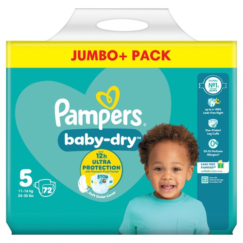Pampers Baby-Dry Nappies, Size 5 (11-16kg) Jumbo+ Pack