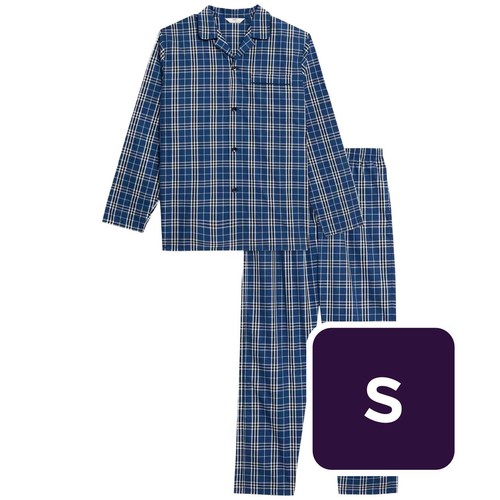 M&S Mens Pure Cotton Checked Pyjama Set, S, Blue