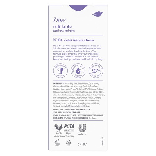 Dove No4 Violet & Tonka Bean 72h Antiperspirant Deodorant Refillable Kit
