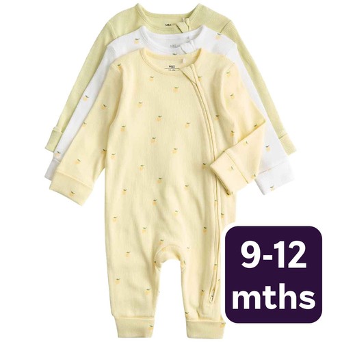 M&S Girls Cotton Rich Lemon Sleepsuits, 9-12 Months, Yellow