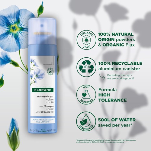 Klorane Volumising  Dry Shampoo with Organic Flax Fibre for Fine, Limp Hair