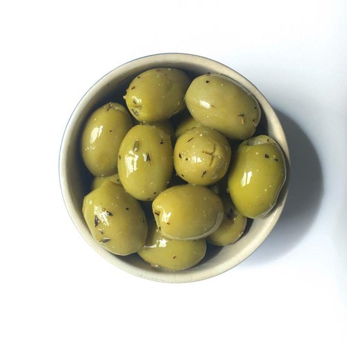 Real Olive Co. Organic Lemon, Thyme & Black Pepper Olives.