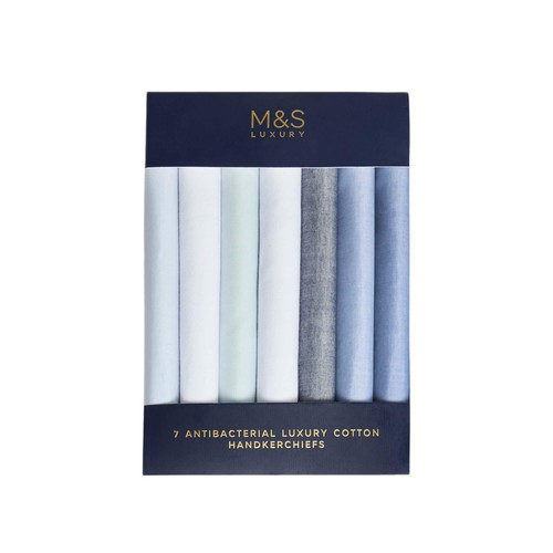 M&S Mens Antibacterial Pure Cotton Handkerchiefs, Blue Mix