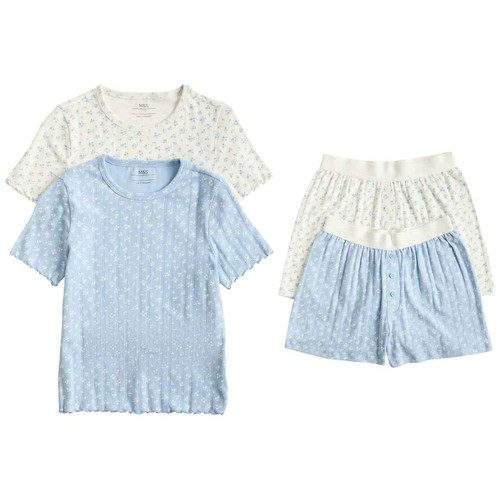 M&S Girls Floral Pointelle Pyjama Sets, 11-12 Years, Blue Mix