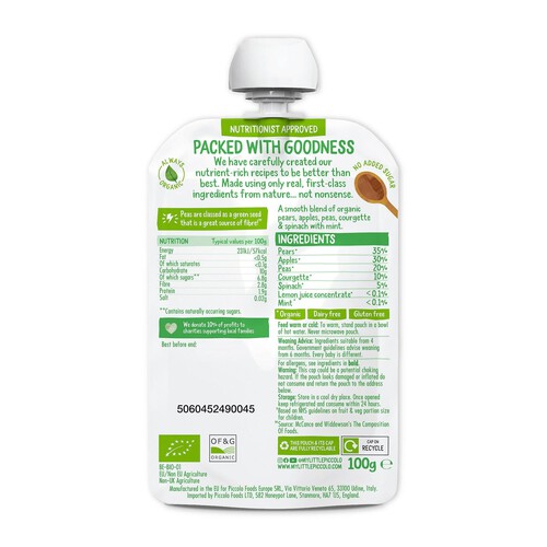 Piccolo Pear, Apple, Spring Green Organic Pouch, mths+ Ocado