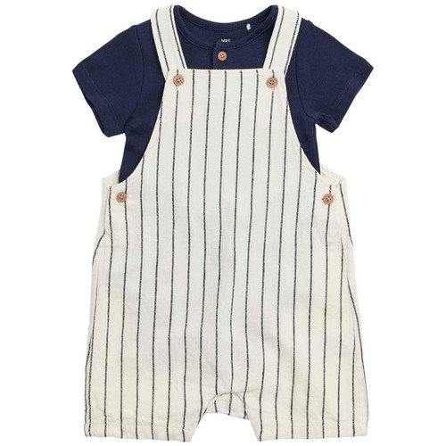 M&S Smart Thin Stripe Linen Bib Short, 18-24 Months, Blue