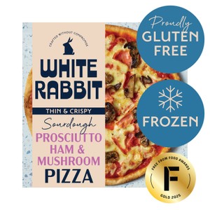 White Rabbit Gluten Free Sourdough Proscuitto Ham & Mushroom Pizza