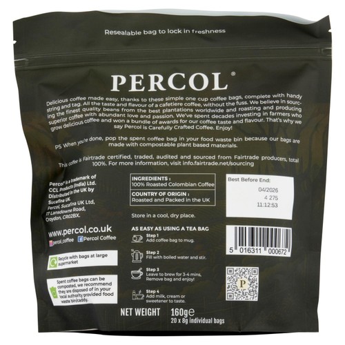 Percol Colombian Fairtrade Coffee Bags 20 Pack